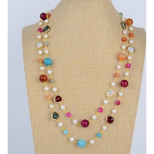 56" Cultured White Pearl Multi Color Agate Crystal Long Necklace