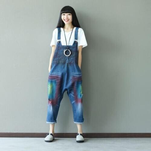 Korean Version Personality Hit Color Stitching Loose Denim Jumpsuit Summer New Washed Hole Low-crotch Casual Jeans