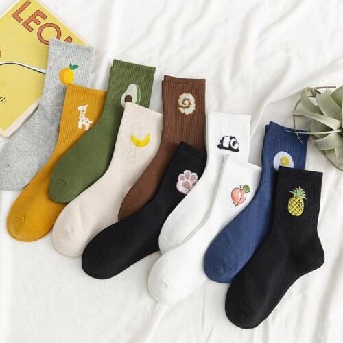 Hot Sales Funny Socks Women Casual Cartoon Fruit Banana Avocado Lemon Egg Cookie Donuts Happy Japanese Harajuku Skateboard Socks