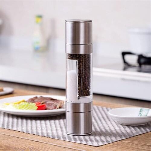 Salt Shakers 2 in 1 Double Head Stainless Steel Manual Salt Pepper Mill Grinder Transparent Barbecue Seasoning Tank Cooking Tool