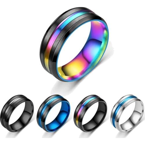 Fashion 8MM Mens Blue Black Colorful Groove Beveled Edge Stainless Steel Rings Wedding Engagement Ring Mens Anniversary Jewelry