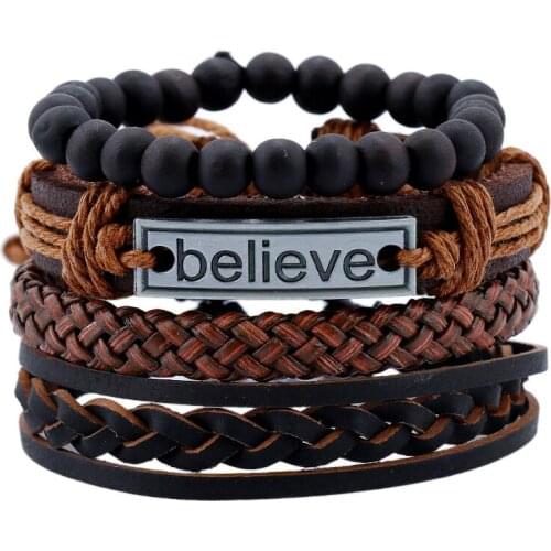 Retro Mens Cowhide Leather Bracelet Woven Diy Believe Letter Beaded Stone Rope Chain Bracelets Charm Multilayer Hand Jewelry