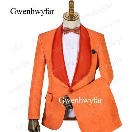 Gwenhwyfar 2 Pieces Men Jacquard Suits 2019 Orange Color Tuxedos Mens Formal Dress Men Suit Groomsmen Wedding Suits Jacket Pant