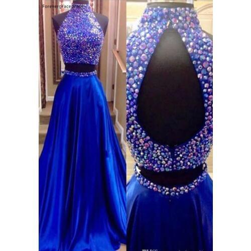 2019 Two Pieces Beadings Prom Dress New Arrival Long Backless Formal Holidays Wear Graduation Evening Party Gown Custom Made