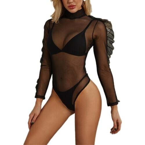 Sexy Women Swimwear Bikinis Set Mesh Bodysuit 3 pieces Set See Though Puff Sleeve Playsuit