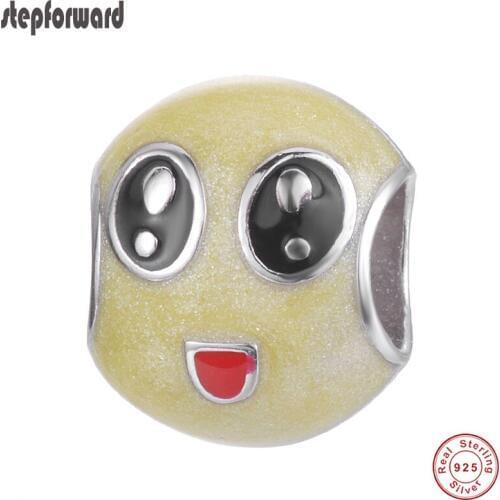Handmade DIY Yellow Enamel Emotion Design Cute 925 Sterling Silver Face Charm For Necklace Bracelets Bangle Fashion Jewelry
