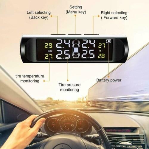 USB TPMS Car Tire Pressure Solar Power Monitoring System / Warning LCD For SUV Internal External 4 Temperature Sensors B7A3