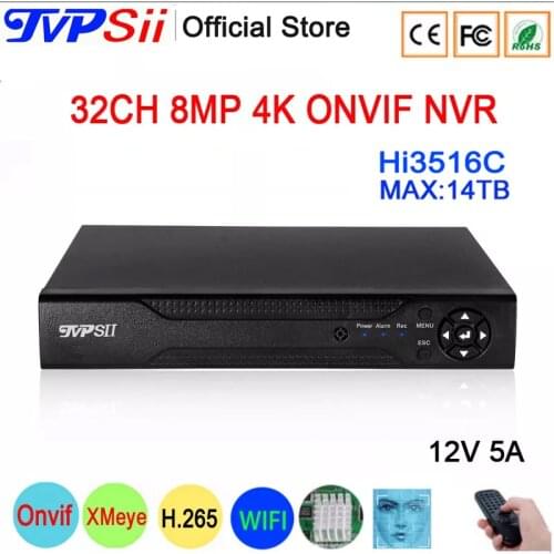 Face Detection 12V 5A Hi3536C XMeye Surveillance Video Recorder 8mp 4K 32CH 32 Channel H.265+ 2*SATA Onvif CCTV DVR NVR System