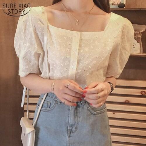 Plus Size Women Blouses New Square Embroidery Lace Shirt Summer Tops Casual Women Short Sleeve Linen Cotton Girls Blouse 10107