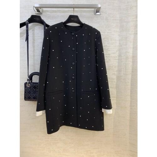 High 2021 new ladies quality fashion long sleeve round neck diamond mid-length coat 0112