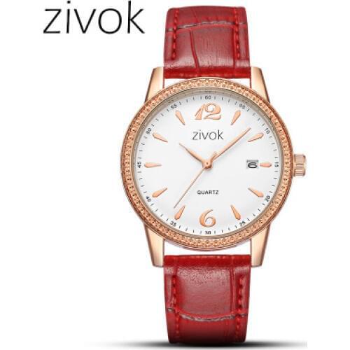 Womens 24-hour Chronograph Red Leather Strap Quartz Watches with Luminous Hands Waterproof Wristwatch