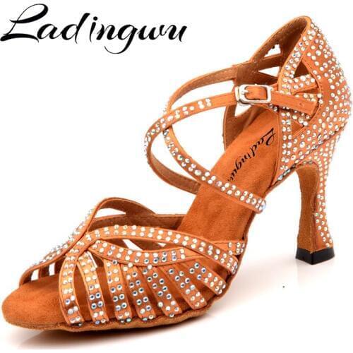 Ladingwu NEW Dance Shoes Latin Women Laser Rhinestone Bronze Silk Satin Skin Color Black Ballroom Dance Shoes Salsa Dance Sandal