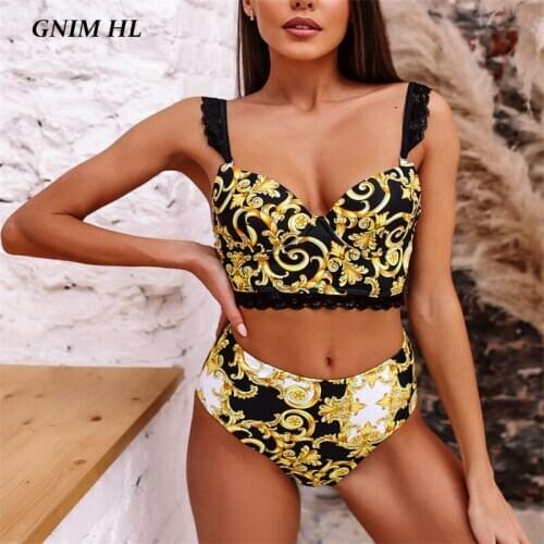 GNIM High Waist Retro Print Bikini Swimwear Women Push Up 2020 Lace Swimsuit Women Two Pieces Summer Beachwear Swimming Suit New