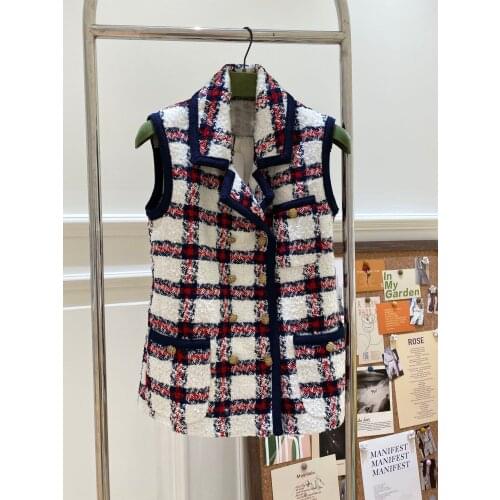 Luxury 2021FW Autumn Women High Quality Plaid Tweed Double Breasted Vest Coat Female Casual Tops Gdnz 7.08