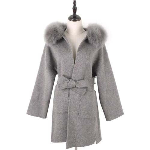 2020 real fur coat winter trench women coat cashmere wool blend coat ladies natural fox fur collar streetwear
