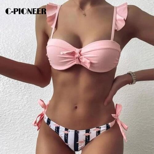 2021 Sexy Striped Lace Ruffle Push Up Bandeau Swimsuit Bra Surfing Women Cup High Female Cut Bikini Suit Bathing Swimwear s L6Y5