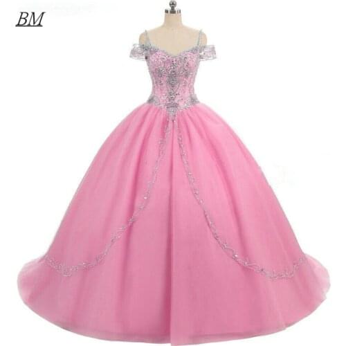 2021 Spaghetti Straps Ball Gown Quinceanera Dresses Crystal Tulle Corset Lace Up Sweet 16 Prom Party Gowns Vestido 15 Anos BM717