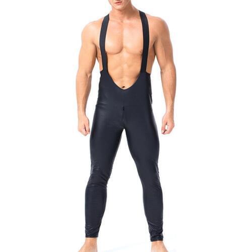 Gay Bodysuits Overalls PU Leather Zipper Crotchless Mens Jumpsuits Wrestling Singlet Mankini Latex Fetish Leotard Catsuits XXL