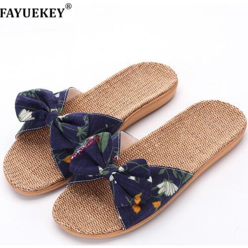 FAYUEKEY 2020 Summer Home Flax Linen Print Bowknot Breathable Slippers Women Indoor Floor Outdoor Beach Slides Sandals Flat