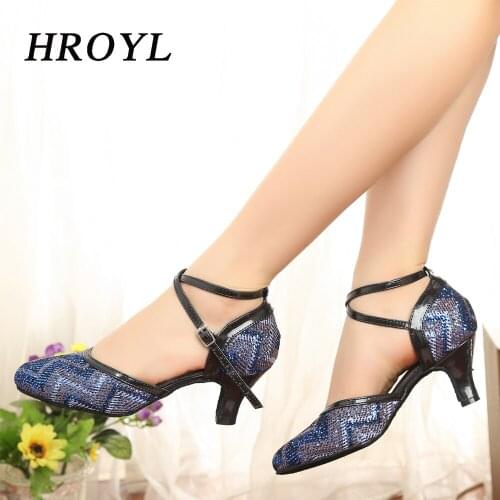 HROYL Latin Dance Shoes For Women Morden Blue And Gold African print Salsa Dance Shoes Womens Ballroom Dance Sandal
