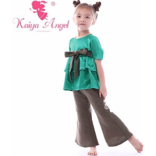 Kaiya Angel Toddler Kids Boutique Asakusa Green Flash Velvet Top coffee Linen Non-stretch Bell-bottoms Summer Children Clothing