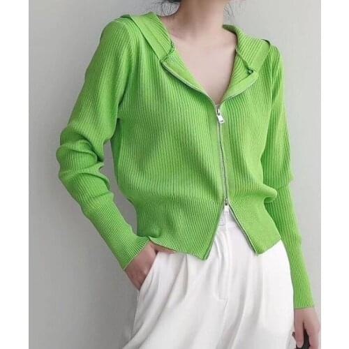Hooded Women Cardigan Sweater 2021 Korean Fashion Double zipper Short Knitted Cardigans Soft Female Jumpers Top Outfits