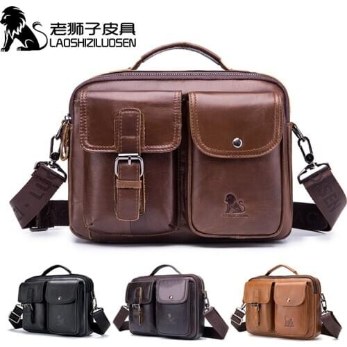 LAOSHIZI Genuine Leather Shoulder Bag Vintage Male Handbags Messenger Bags Business Crossbody Bag Handbag