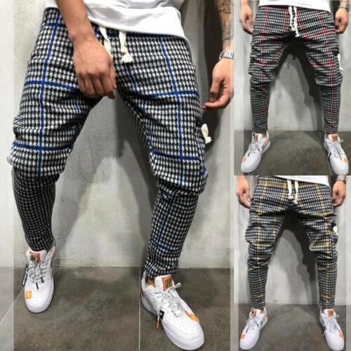M-3XL Men Gym Trousers Plaid Tracksuit Bottoms Skinny Pants