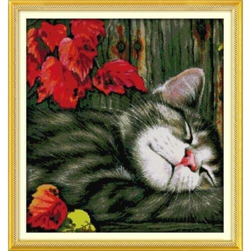 Everlasting Love Maple Leaf And Cat Chinese Cross Stitch Kits Ecological Cotton Stamped 14CT 11CT DIY Gift New Year Decorations