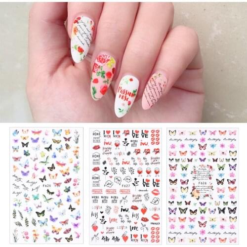 Rose Flowers Butterfly Nail Spring Stickers Red Nail Art Decals Decorations Tips Water Nail Decals Ins Style Ozdoby Do Paznokci