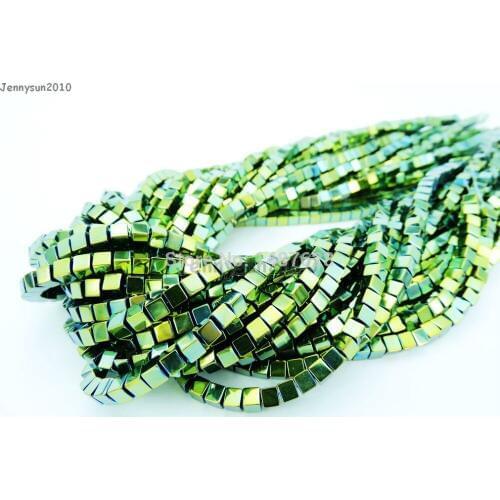 Natural Hematite Healing Gems Stones Square Cube 4mm Beads Non Magnetic Metallic Green 15.5'' Jewelry Making 10 Strands/Pack