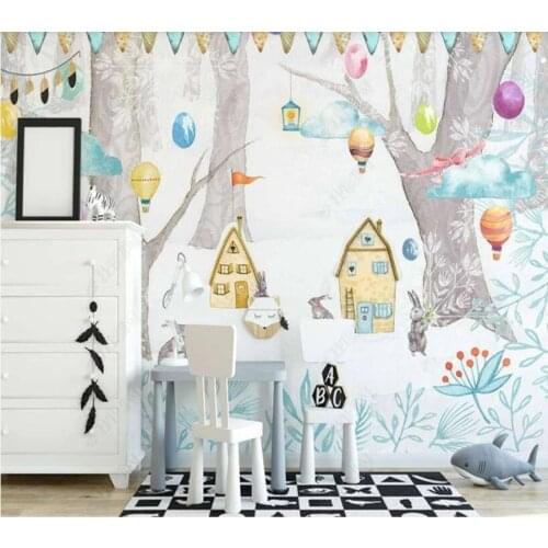 Papel de parede hand drawn cartoon woods house hot air balloon bunny 3D wallpaper mural,living room home decor