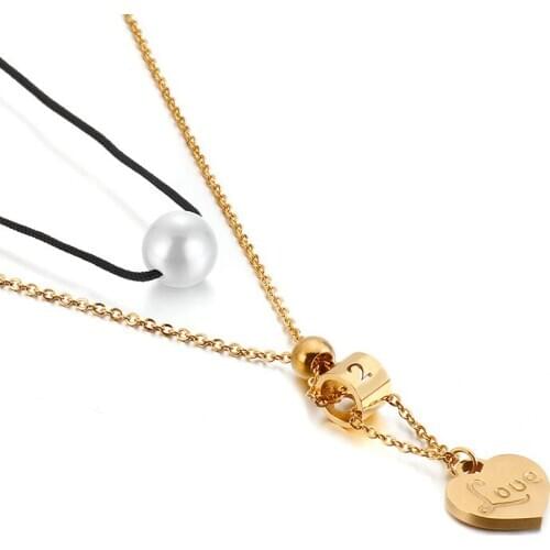 Number 0-9 necklace heart-shaped love pearl pendant small fresh Korean version of titanium steel gold necklace