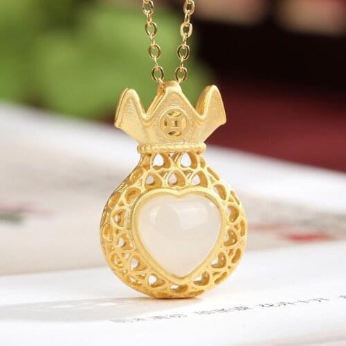 S925 Sterling Silver Natural Hetian Jade White Jade Purse Gold Coin Pendant Creative Necklace Personality Affordable Luxury Purs