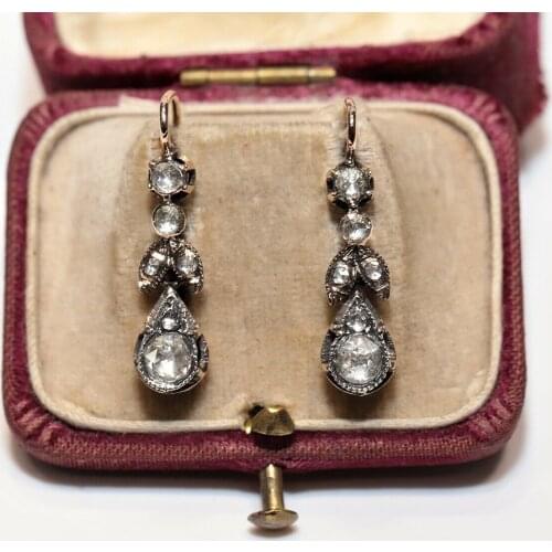 ANTIQUE OTTOMAN 10K GOLD OTTOMAN NATURAL ROSE CUT DIAMOND DECORATED EARRING