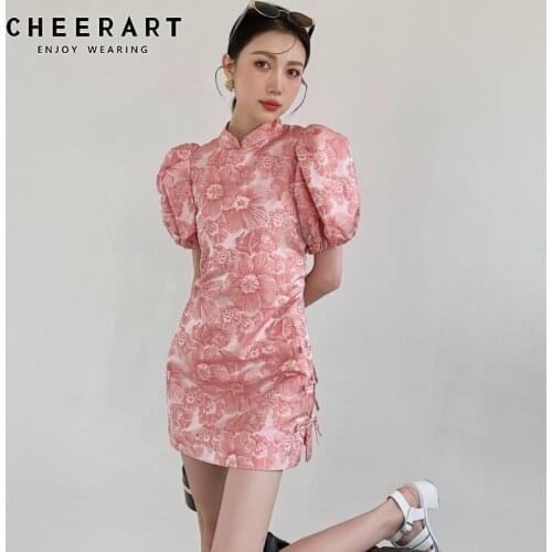 CHEERART Vintage Pink Cheongsam Hibiscus Dress Puff Sleeve Bodycon Tunic Mini Summer Dress 2021 Ladies Chinese Traditional Dress