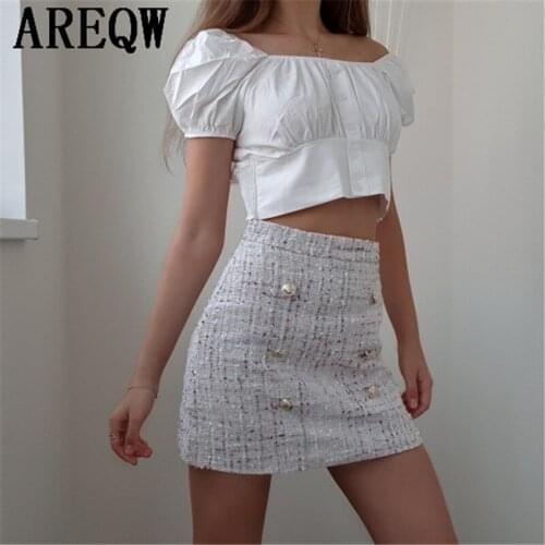 2021 New Tweed Skirt Women Double-breasted Elegant High Waist Plaid A- Line Short Skirt Autumn Winter