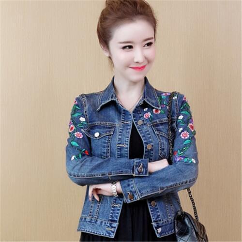 Women Floral Embroidery Short Denim Jacket Lady Elegant Single Breasted Slim Jeans Coat Spring Outwear Basic Denim Jacket 5XL