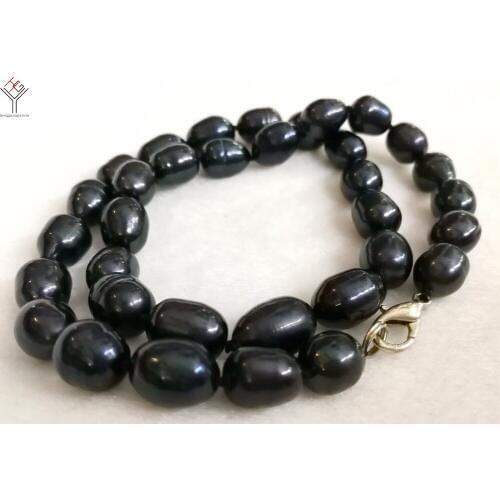 Women Jewelry 10x11mm Bright black colors pearl necklace oval round pearl handmade real natural freshwater pearl gift