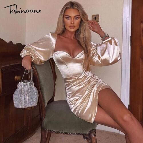 Tobinoone Satin Lantern Sleeve Ruched Sweetheart Party Dress Women Square Collar Split Sexy Dresses Female Elegant Short Dress