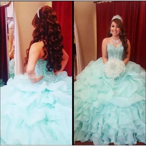 2020 Mint Green Ball Gown Girls Quinceanera Dresses Puffy Organza Corset Back Crystals Vestidos De 15 Anos Debutante Gowns
