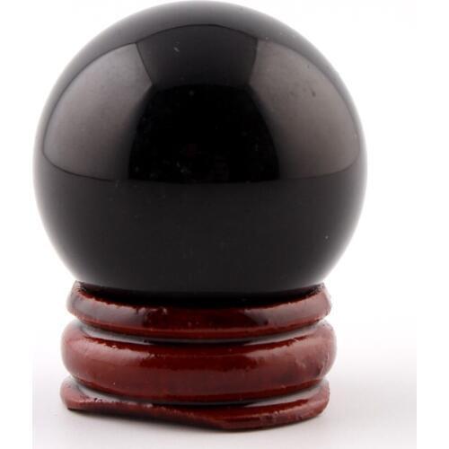 35mm Black obsidian Smoke quartz Sphere wood stand Bell Grey Crystal Chakra Healing Reiki Natural Stone Carved Crafts Free pouch