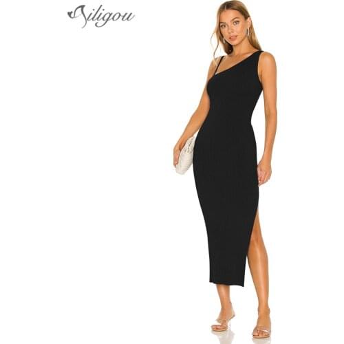 Ailigou 2021 New Fashion Waist Hollow Design Sexy Slanted Shoulder Halter Celebrity Party Club Bandage Long Sling Dress