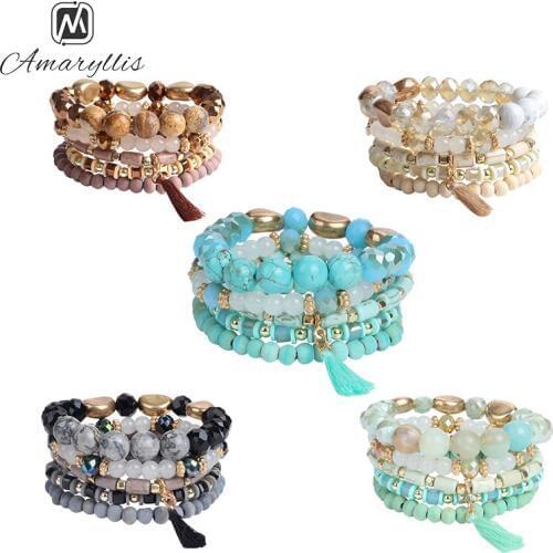 Amaiyllis Bohemia Stone Glass Beads Strand Bracelets Set For Women Beach Elastic Tassel Charms Bracelets Handmade Beads Bracelet