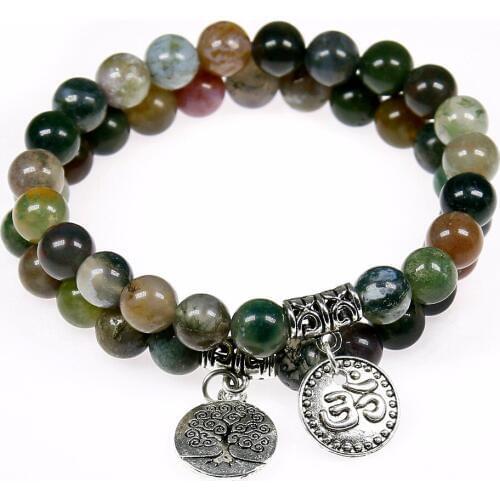 Natural Indian Onyx Buddhism Mala Beads Bracelet Unisex Prayer & Yoga Meditation Tree of Life Pendent Bracelet for Women and Men