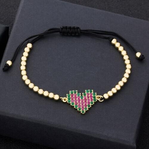 Romantic Heart Design Cubic Zirconia Adjustable Bracelets Gold Beads For Women Friend Engagement Birthday Party Charm Bangle