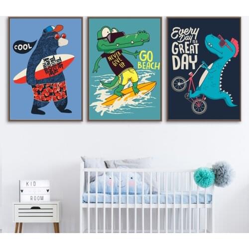 Dinosaur Bicycle Surf Bear Crocodile Quotes Wall Art Canvas Painting Nordic Posters And Prints Wall Pictures Kids Room Decor