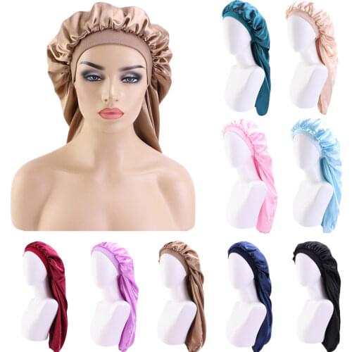 Long Hair Sock Cap Sleep Satin Tube Women Hat Wrap Night Cap Hair Care Bonnet Wide Band Elastic Beauty Hair Loss Headcover Baggy