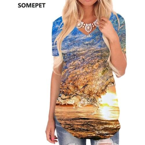 SOMEPET Waves T Shirt Women Landscape T-shirts 3d Hip Hop Funny T shirts Party V-neck Tshirt Womens Clothing Fashion Printed New
