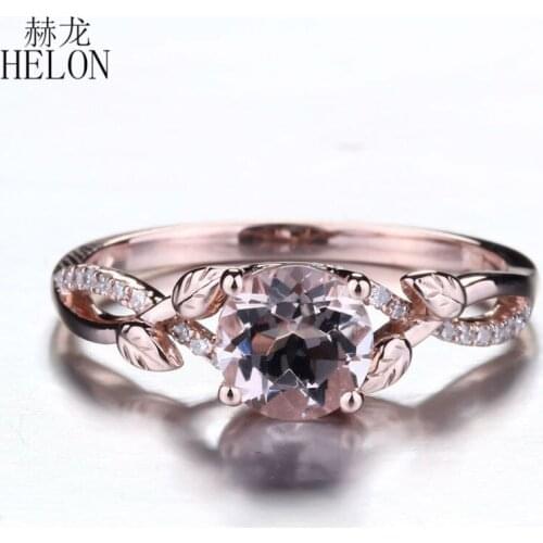 HELON 6mm Round Morganite Ring Solid 10K Rose Gold Pave Natural Diamonds Gemtones Engagement Ring For Women Birthday Best Gift
